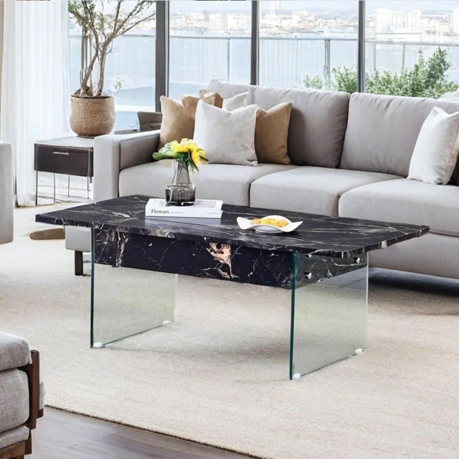 43.3 inch lift top coffee table w/storage black marble & tempered glass (300lb capacity) space saving, multi color
