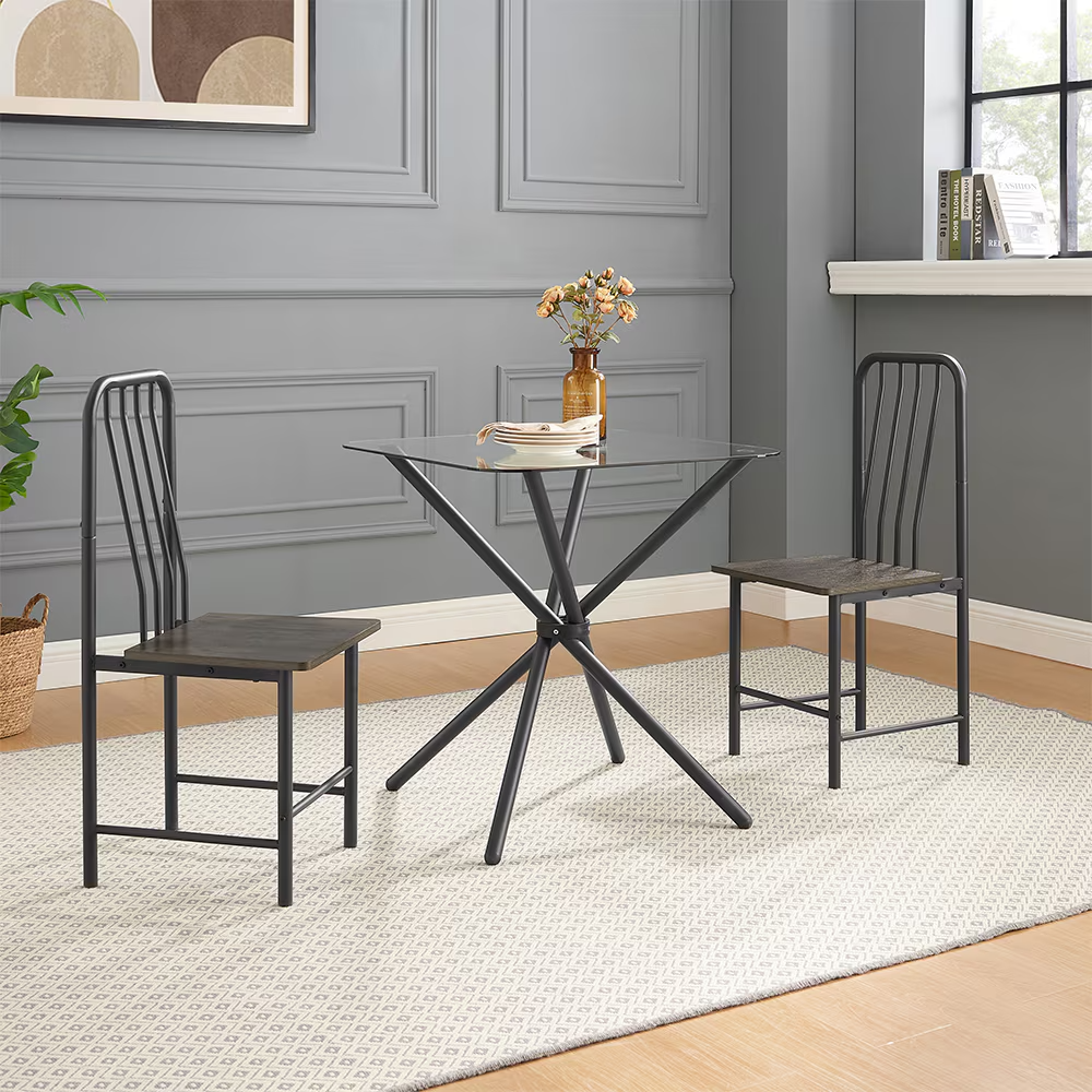 fcj luxury dining set 2 piece square glass tempered table 4 legs 2 metal chairs black brown for home office kitchen dining room