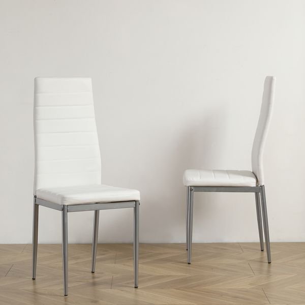 4pcs white pu leather dining chair with gray leg n201 horizontal sewing decoration backrest cushion