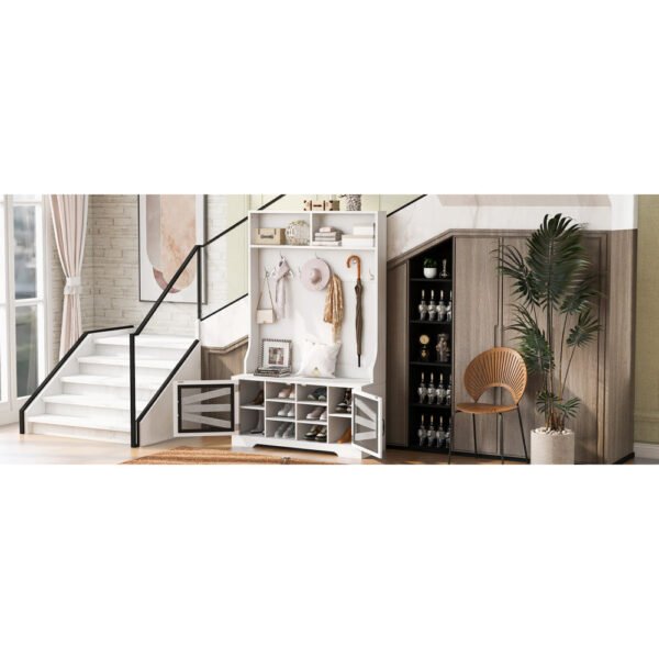 43.3'' entryway bench with coat rack, 3 in 1 design and adjustable shelves, hall tree with 7 hooks for entrance, living room