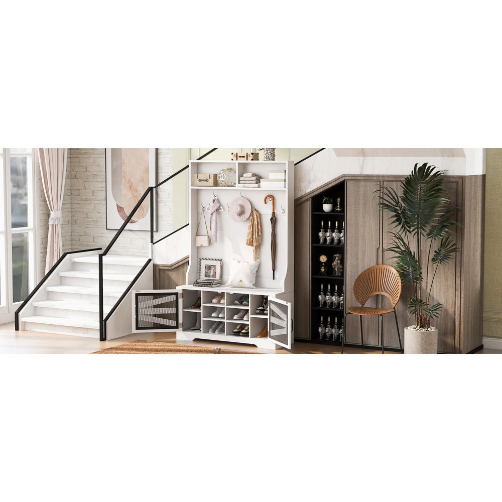 43.3'' entryway bench with coat rack, 3 in 1 design and adjustable shelves, hall tree with 7 hooks for entrance, living room