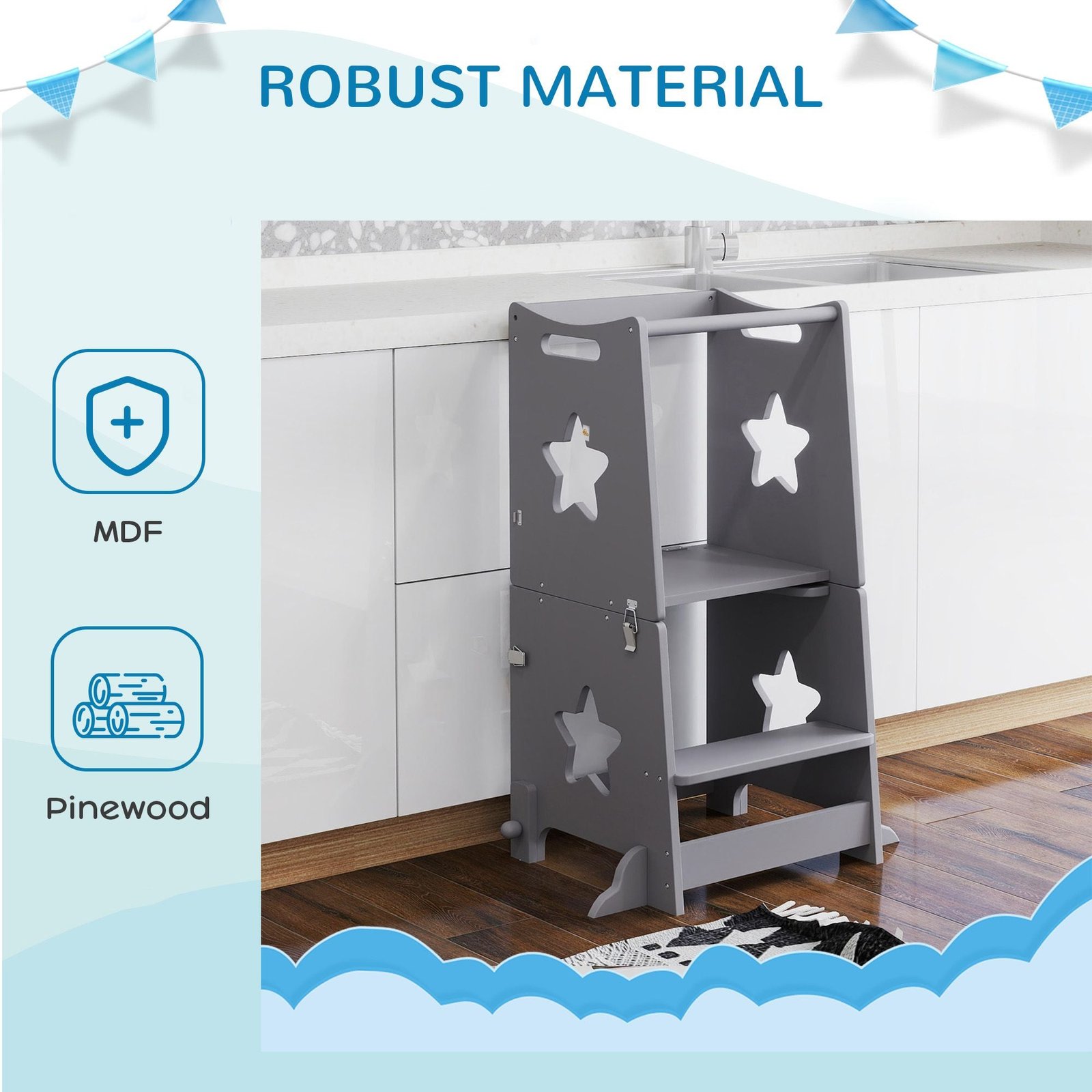 2 in 1 gray toddler tower with safety rail for bathroom sink kitchen counter or ottomans for multiple uses