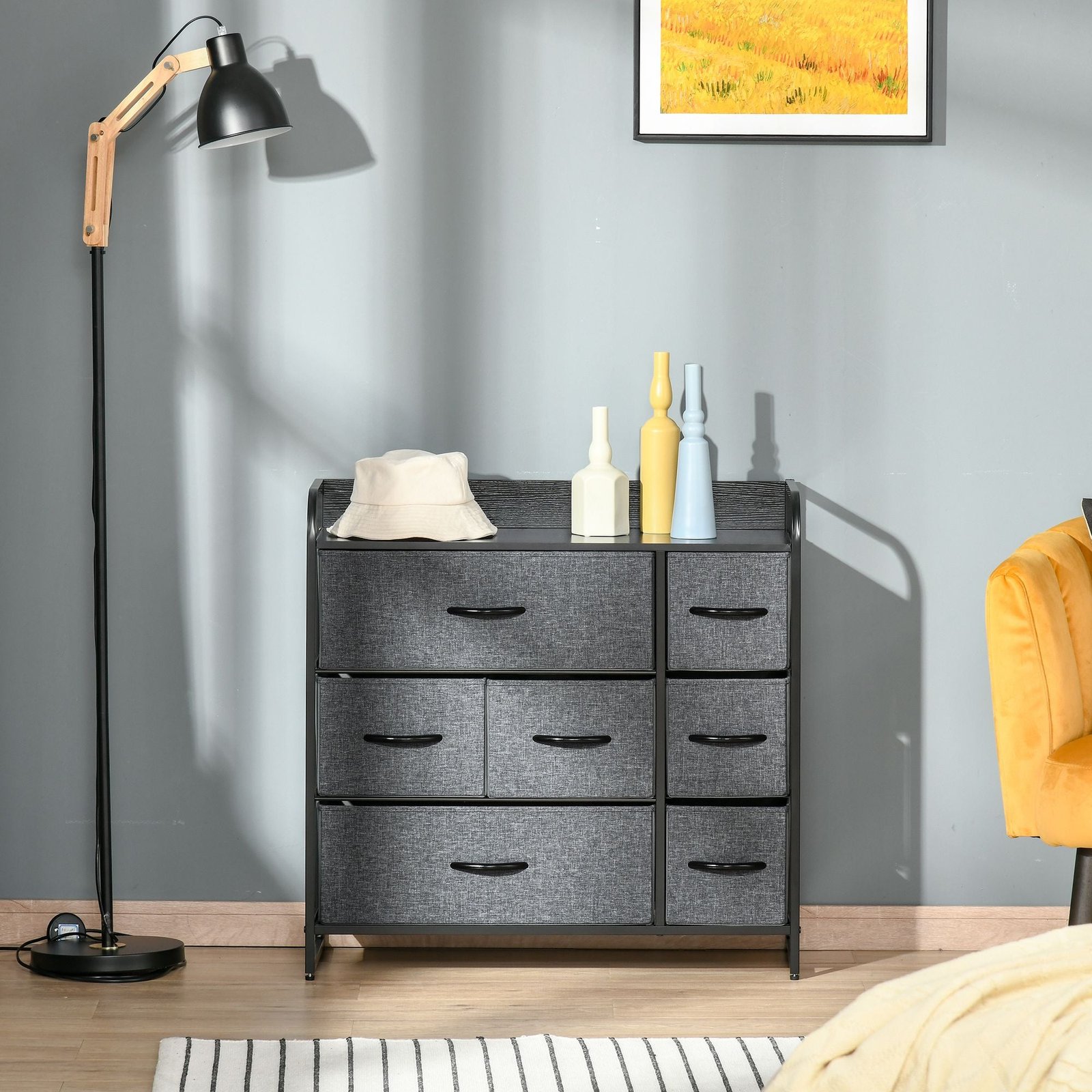 7 drawer gray dresser with steel frame & wooden top fabric chest for bedroom or hallway storage