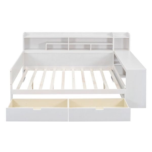 antique white wooden full size daybed with storage shelves and study desk multi functional upholstered bed with two drawers