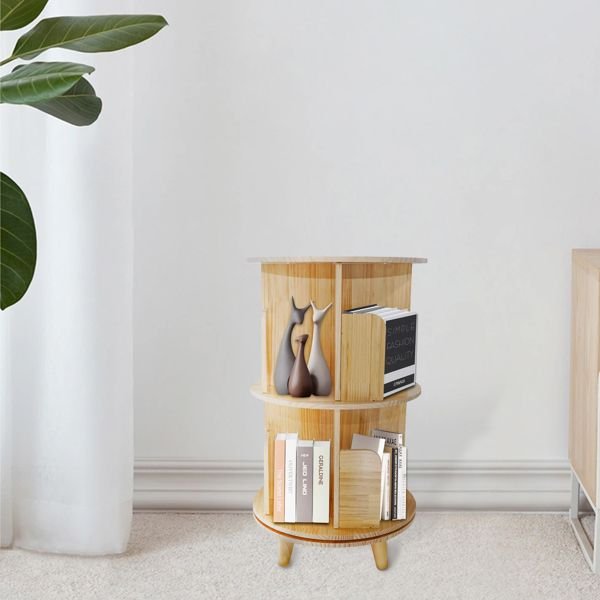 2 layer 360 rotation pine wood bookcase display rack and bookshelf