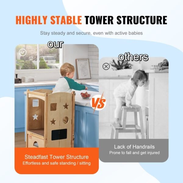3 level adjustable height solid wood tower step stool foldable toddler stool safety net for kids' learning kitchen bedroom