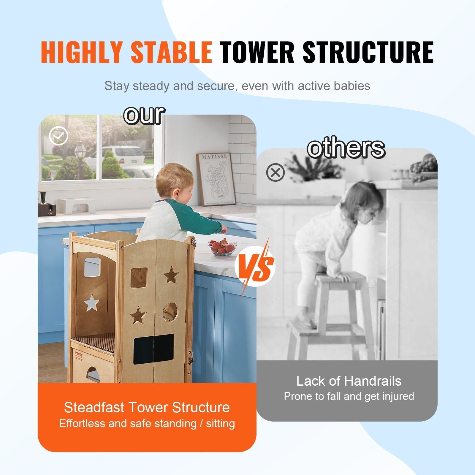 3 level adjustable height solid wood tower step stool foldable toddler stool safety net for kids' learning kitchen bedroom