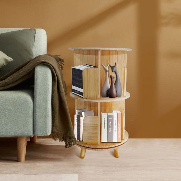 2 layer 360 rotation pine wood bookcase display rack and bookshelf