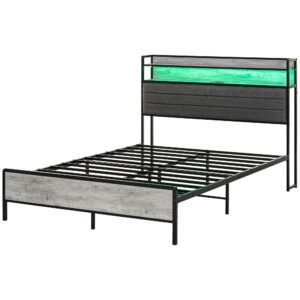 full size bed frame with led lights & charging station cement gray upholstered headboard & storage full up holstered bed