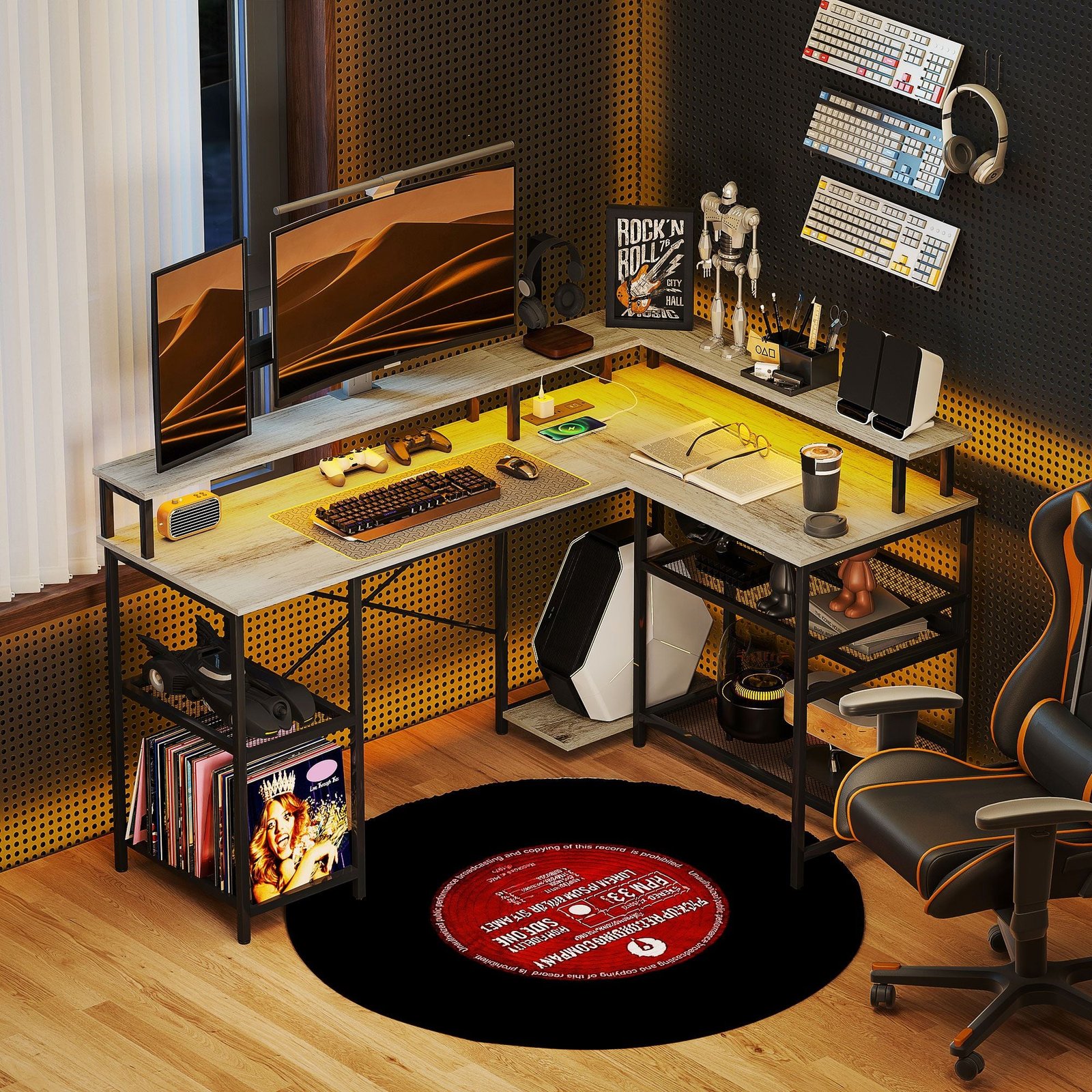 59" gray l shaped desk for home office for small spaces with led lights power outlets storage for gaming