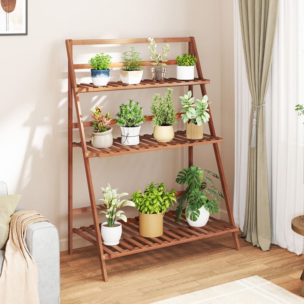 3 tier bamboo ladder shelf foldable bookcase for plants and flowers