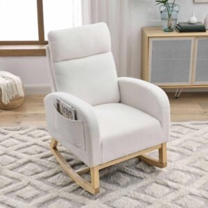 welike 27.6"w modern accent high backrest living room lounge arm rocking chair two side pocket teddy white (ivory)