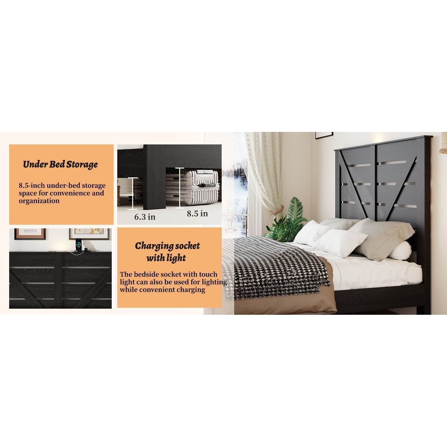 black wood platform bed frame with noise free headboard easy assembly no box spring needed large bed storage