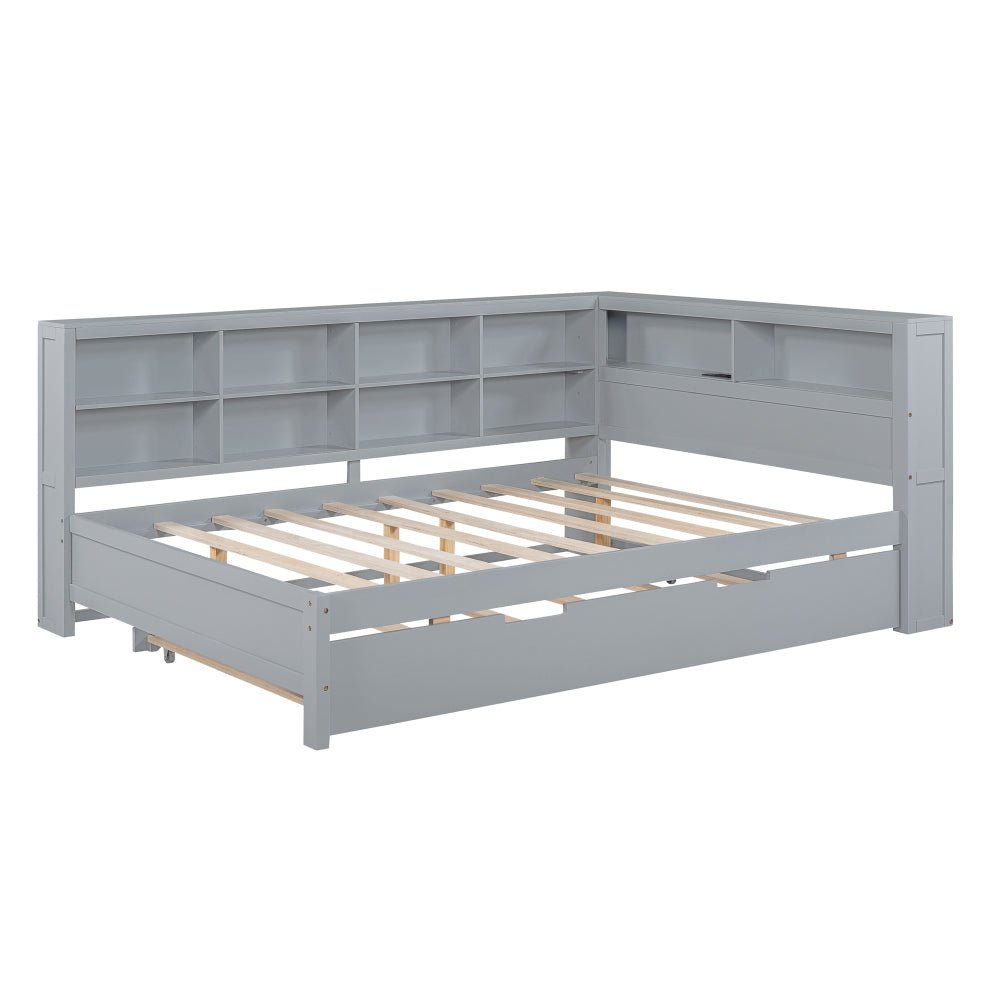 wooden full size daybed with twin size trundle, daybed with storage shelf and usb charging ports,grey