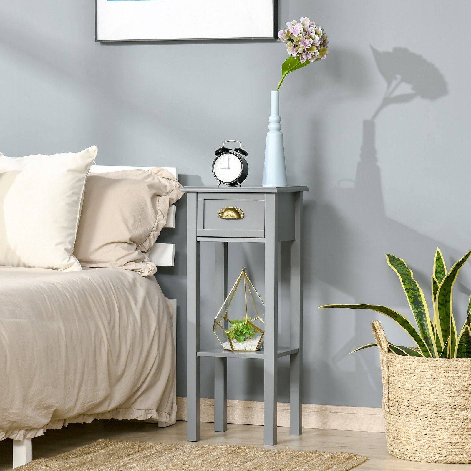 2 tier gray tall side table with drawer bottom shelf narrow accent night stand space saving for living room bedroom