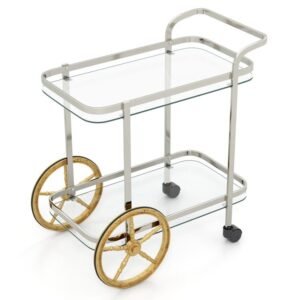 2 tier tempered glass bar cabinet with 2 large aluminum wheels and 2 rolling casters premium mobile bar cart