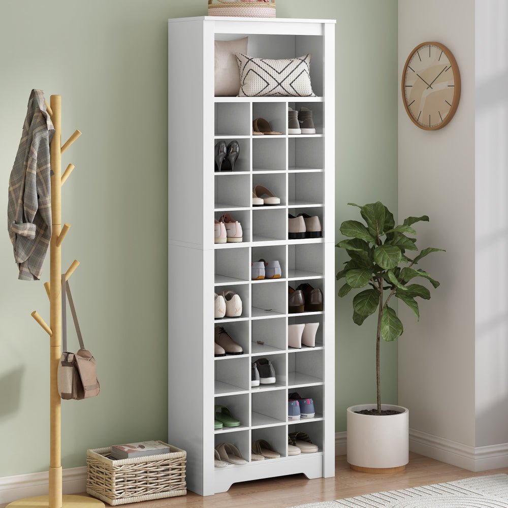 sleek design 24 shoe cubby console, modern shoe cabinet with curved base, versatile sideboard