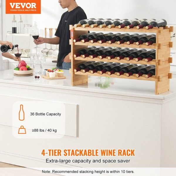 4 tier 36 bottle stackable modular bamboo wood wine rack display shelf