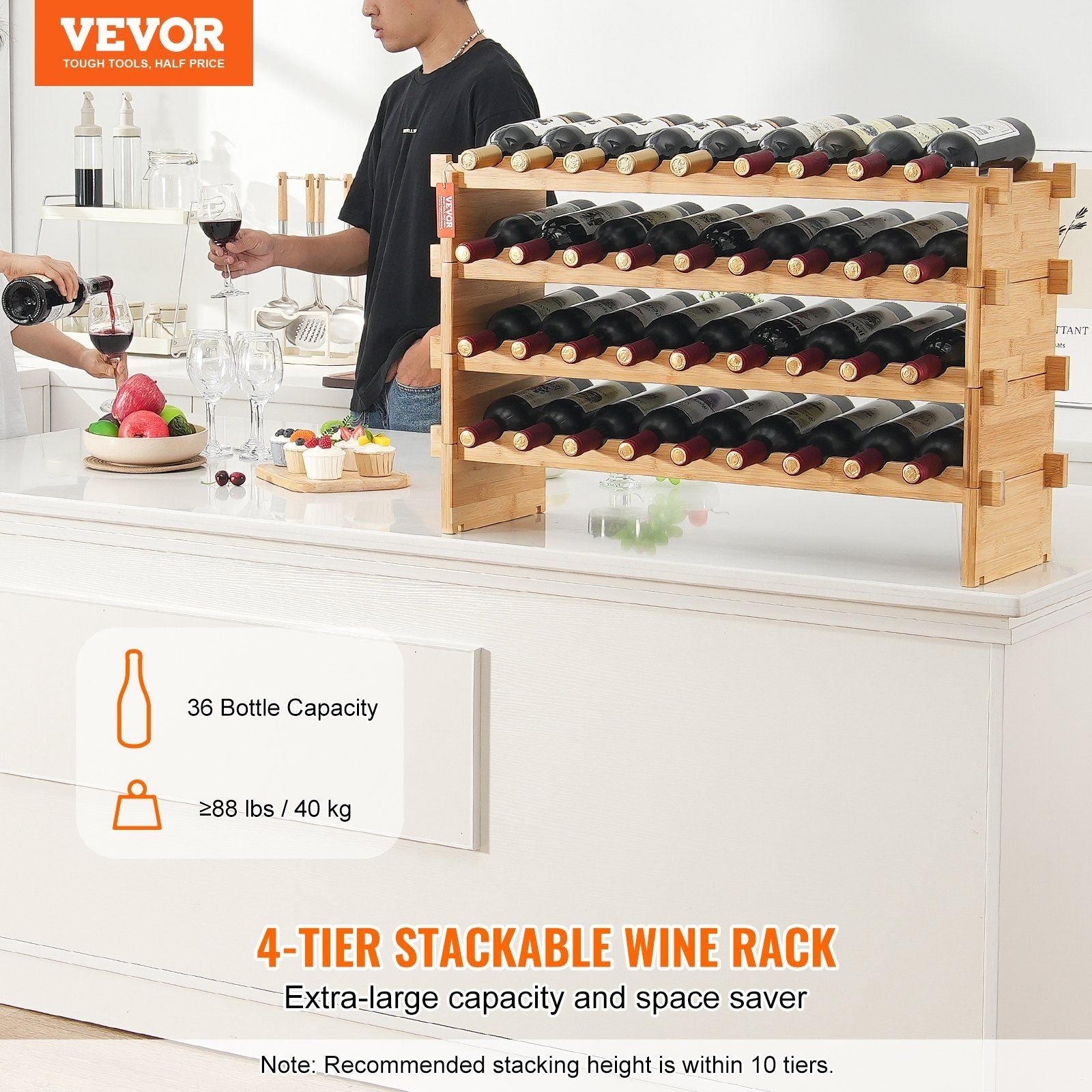 4 tier 36 bottle stackable modular bamboo wood wine rack display shelf