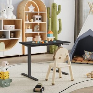 electric whole piece adjustable height home office computer workstation black frame and top sit stand desk