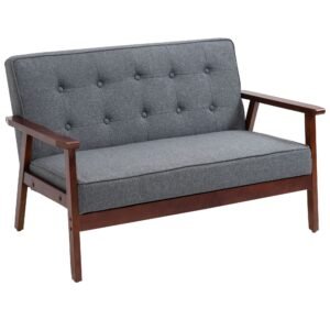2 seat tufted loveseat sofa with linen touch fabric and rubberwood legs grey color for living room furniture
