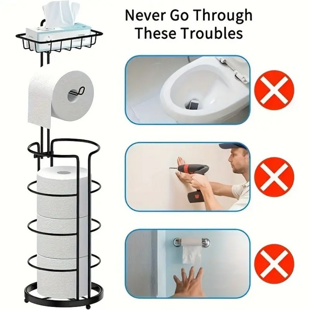 toilet paper holder upgraded version with raised feet, tissue dispenser, self supporting toilet paper roll with storage rack