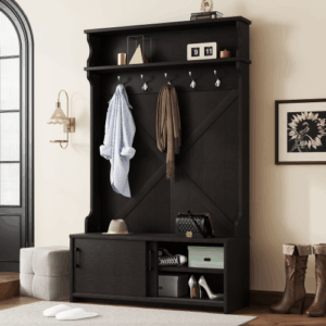 fcj hall tree coat rack with 5 hanging hooks and top shelf storage bench sliding door shoe cabinet for entryway or hallway