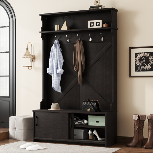 fcj hall tree coat rack with 5 hanging hooks and top shelf storage bench sliding door shoe cabinet for entryway or hallway