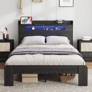 black full size wood platform bed frame led light headboard usb ports noise free easy assembly large storage no box spring