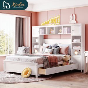 free shipping us warehouse design double bed, wooden bed with integrated cabinet and shelves adult and adolescent bed