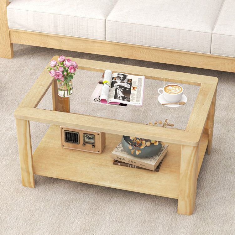 2 tier rectangular center table with tempered glass top and storage shelf for coffee table use