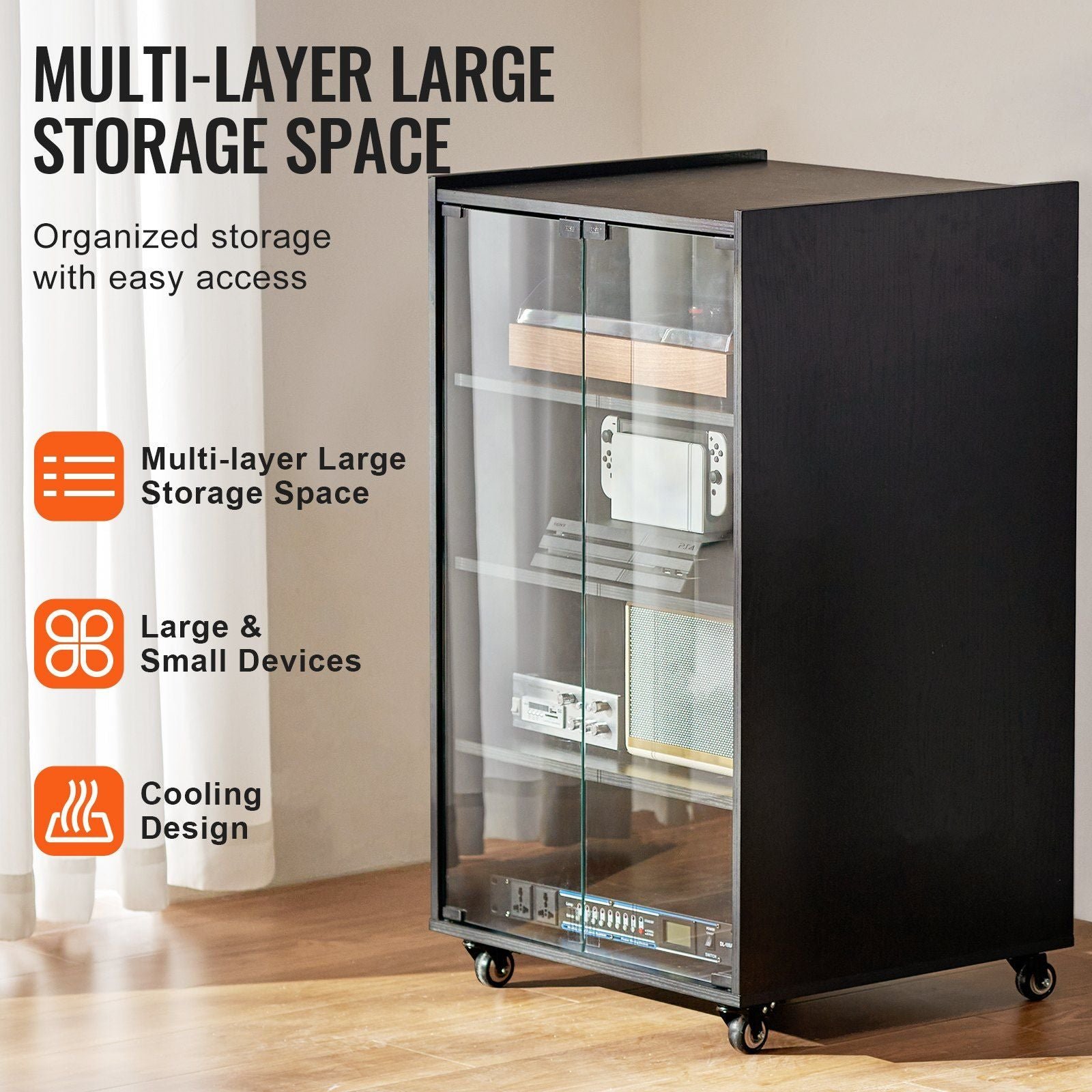 5 tier av media stand wheels black wooden audio video storage cabinet for dvd players cable boxes games consoles