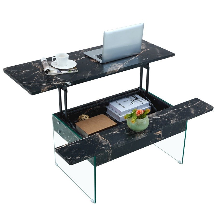 43.3 inch lift top coffee table w/storage black marble & tempered glass (300lb capacity) space saving, multi color