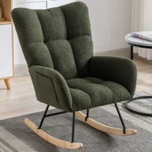 solid wood base rocking chair with soft teddy fabric pocket comfy wingback glider for nursery bedroom balcony living room fcj