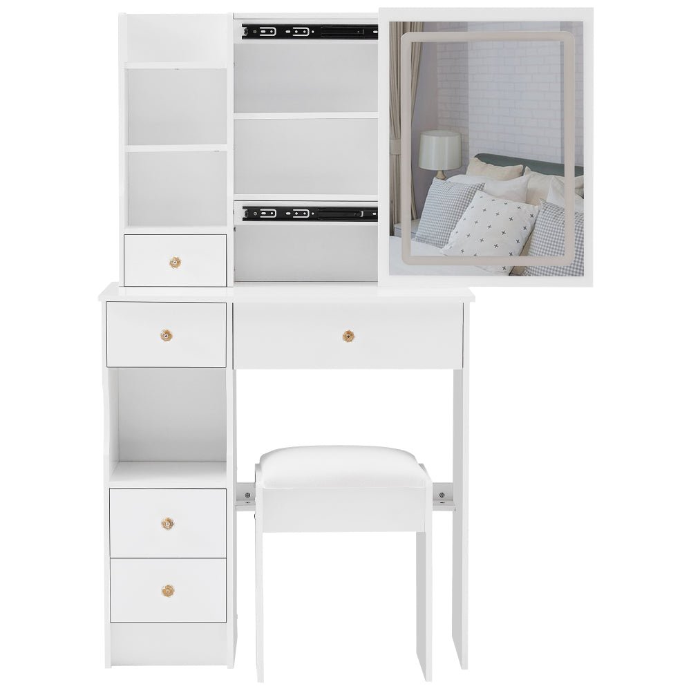 29.2" small size left drawer desktop vanity table + cushioned stool, large sliding, touch control, tri color switching