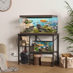 40 50 gallon fish tank stand with power outlet & led light, metal aquarium stand with 3 tier adjustable storage shelves,black