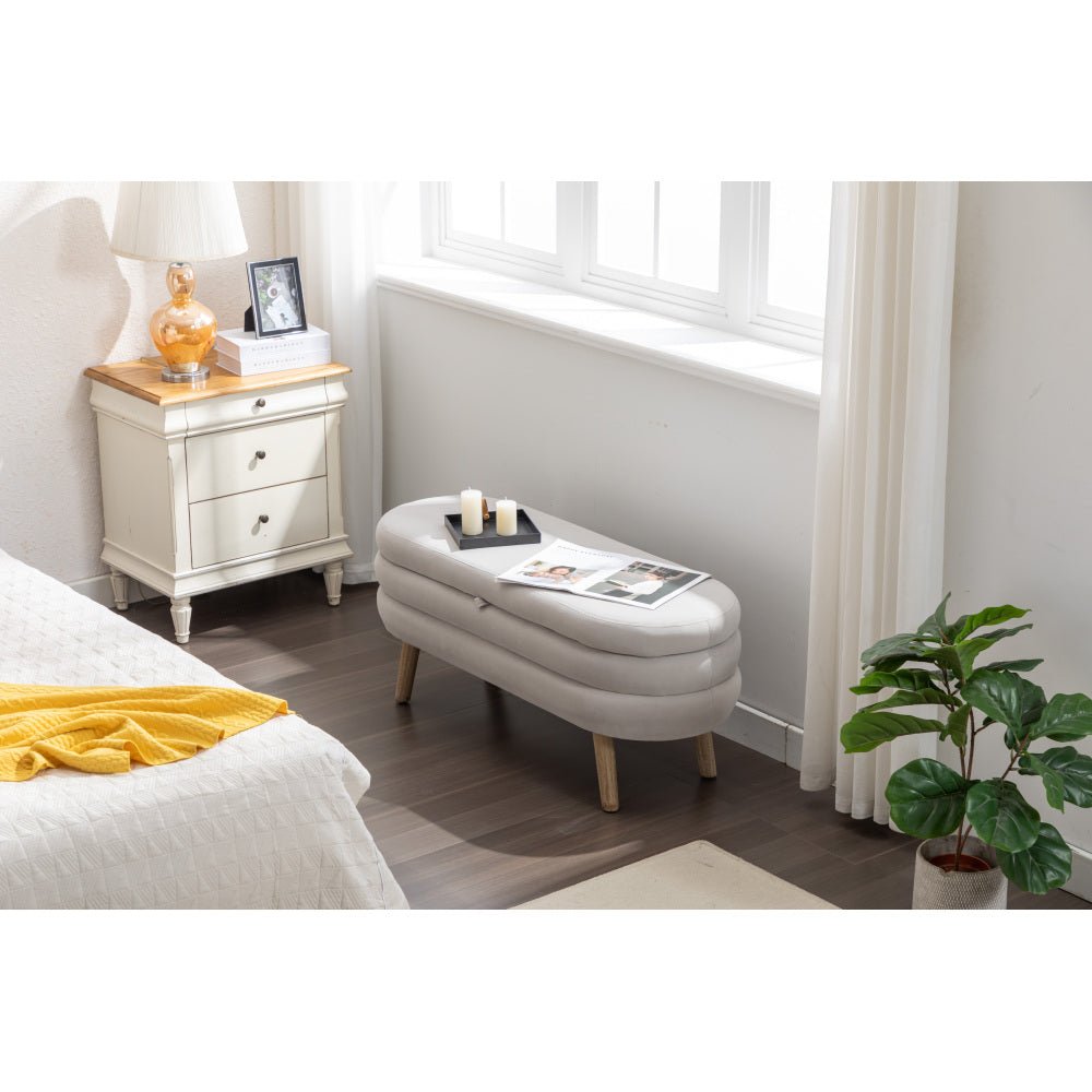 036 velvet fabric storage bench bedroom bench with wood legs for living room bedroom indoor,light gray