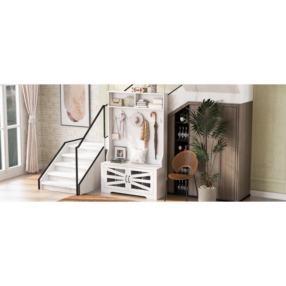 43.3'' entryway bench with coat rack, 3 in 1 design and adjustable shelves, hall tree with 7 hooks for entrance, living room
