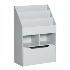 gray multi shelf kids bookcase with 2 bins and mobile drawer toy storage rack for bedroom playroom or school