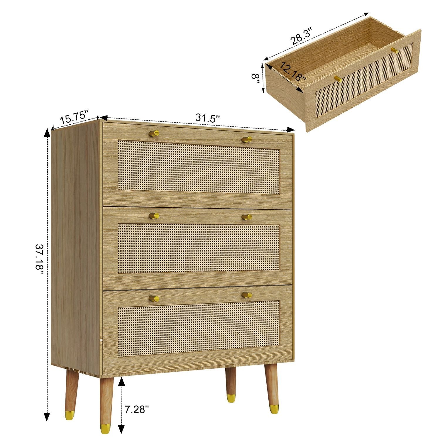 3 drawer solid wooden rattan dresser for bedroom hallway or living room with spacious storage and metal handles oaken color