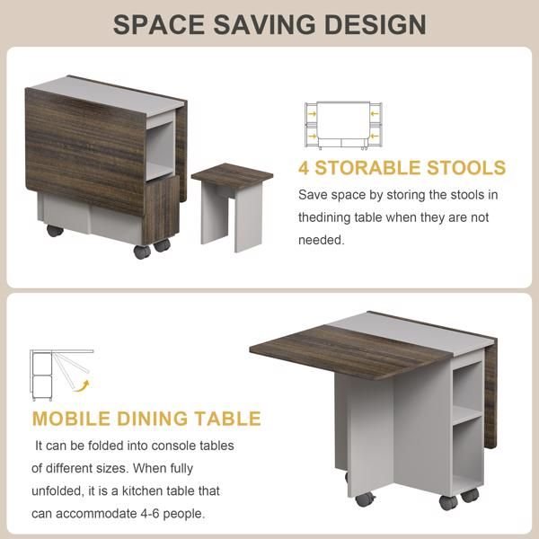 5 piece brown wood dining room set folding extendable 55'' drop leaf table 4 chairs 4 people capacity space saving kitchen table