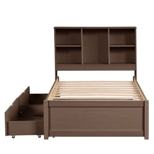 fcj modern twin size bed frame tufted design bookcase headboard 2 drawers built in usb port walnut color featuring storage space