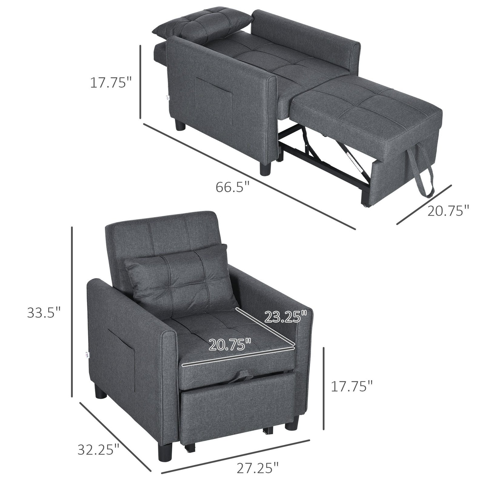 3 in 1 gray sofa bed with pillow pockets adjustable backrest foldable lounge chairs three position feature