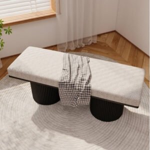 contemporary style bed end bench light grey boucle fabric black chunky legs upholstered fcj for bedroom living room entry seat