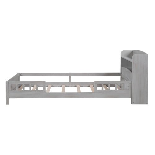 fcj contemporary twin size platform bed with led light storage headboard guardrail antique grey made of metal