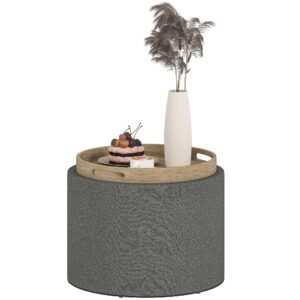 round linen fabric upholstered storage ottoman coffee table with flip top tray hidden compartment footstool
