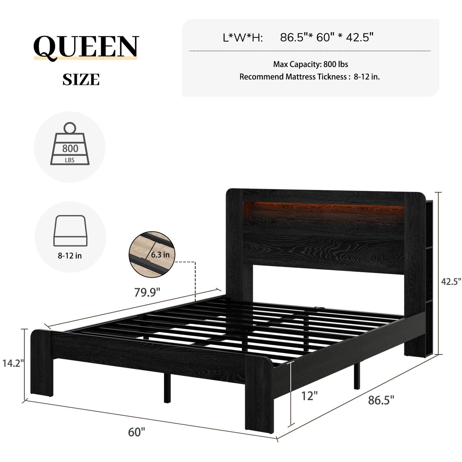 dark black queen size wood platform bed frame led light headboard usb ports no box spring needed easy assembly large storage