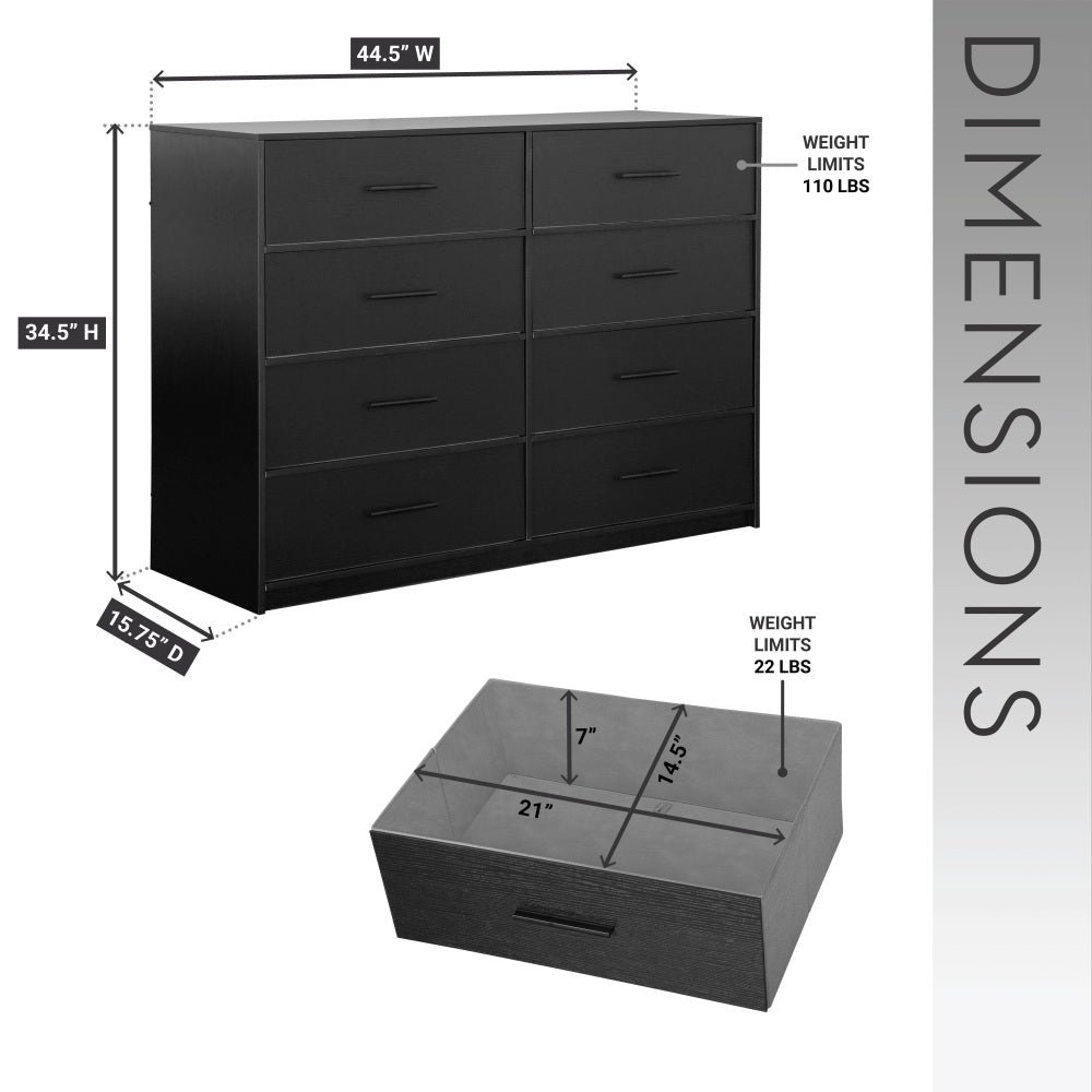8 drawer dresser with large fabric drawers, black