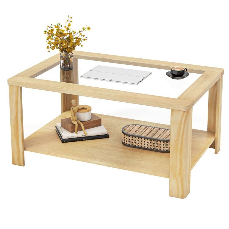 2 tier rectangular center table with tempered glass top and storage shelf for coffee table use