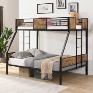 twin over full metal bunk bed with 2 side ladder and full length guardrail, no box spring needed, large under bed storage